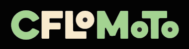 CFloMoTo logo, mint green and tan lettering against a black background.